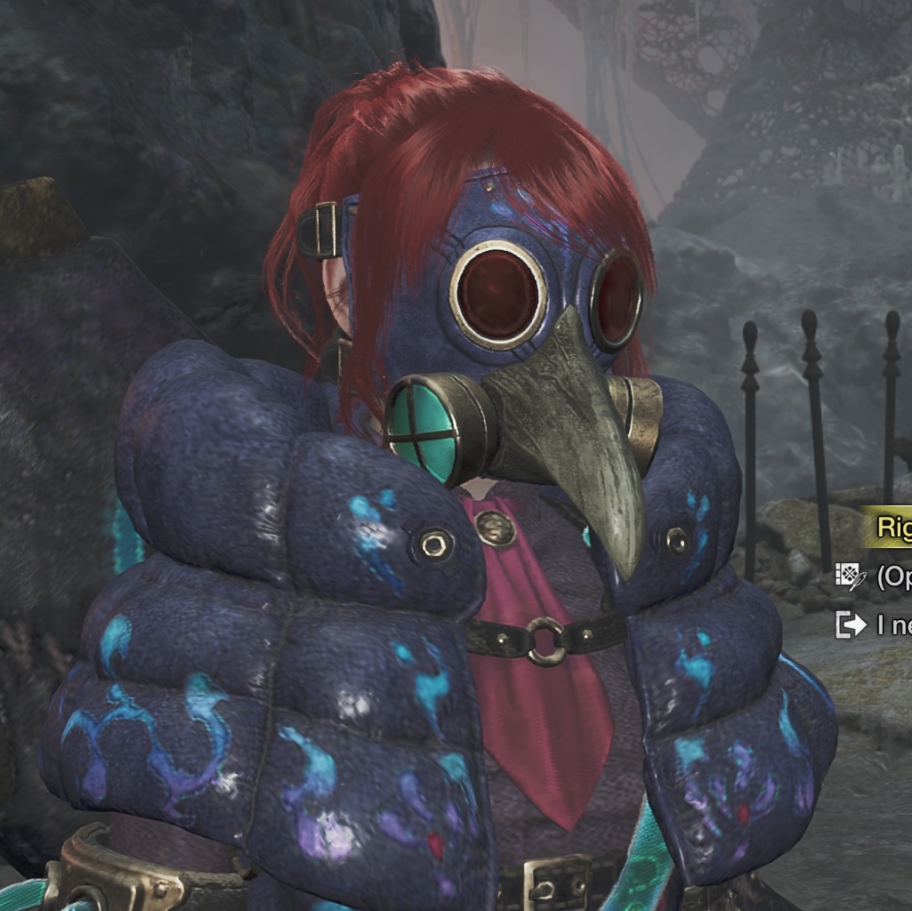 Screenshot showing a plague doctor mask worn with a puffer jacket, a red tie and a chest harness.