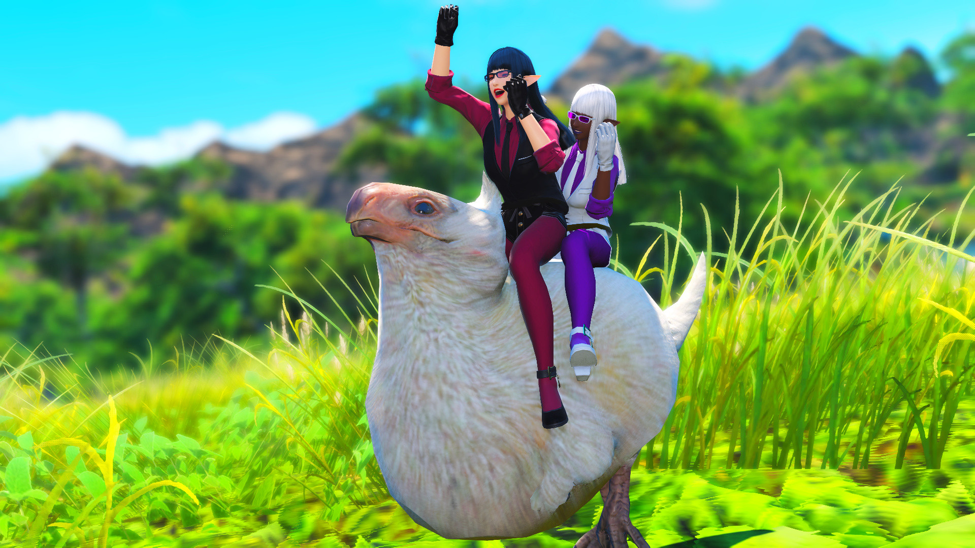 Two dolls riding on the back on a large chicken creature.